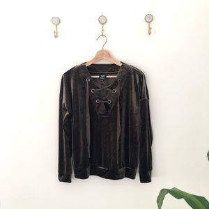 BOBEAU olive green velvet drawstring top small